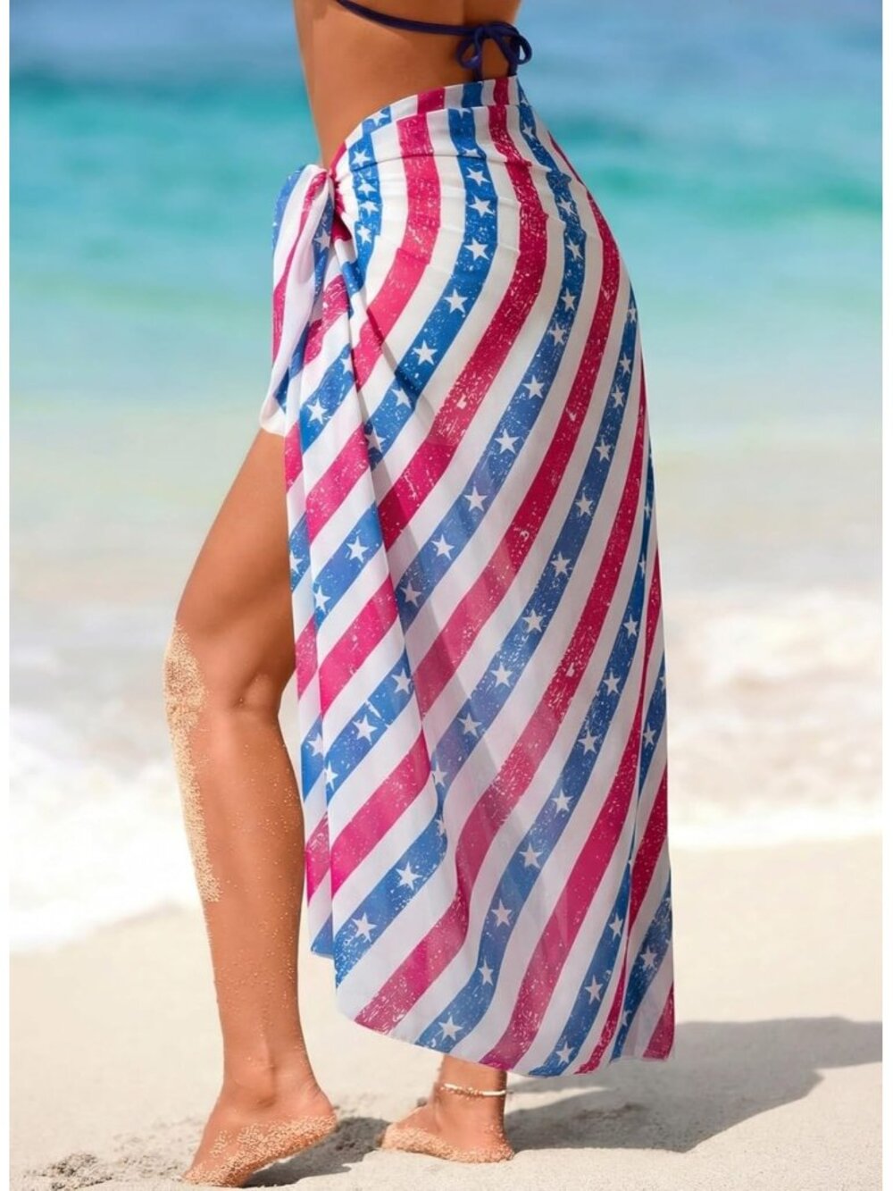 Women's American Flag Stripe Swimsuit High Slit Summer Floral Print Wrap Beach - Picture 2 of 6